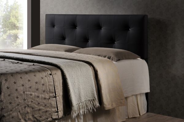 Dalini Modern and Contemporary Full Black Faux Leather Headboard with Faux Crystal Buttons