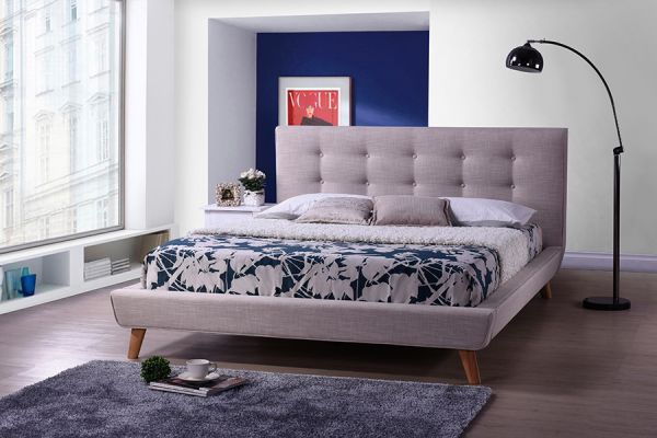 Jonesy Scandinavian Style Mid-century Beige Fabric Upholstered Queen Size Platform Bed