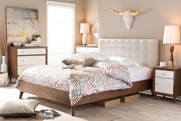 Alinia Mid-century Retro Modern Light Beige Fabric Upholstered Walnut Wood Queen Size Platform Bed