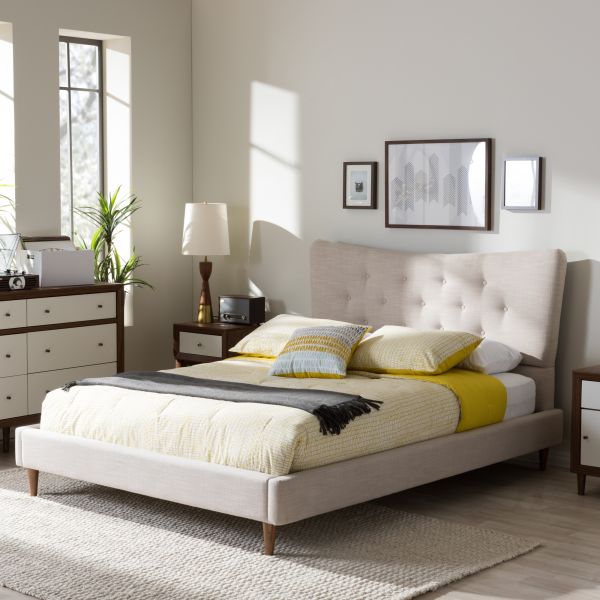 Hannah Mid-Century Modern Beige Linen Queen Size Platform Bed