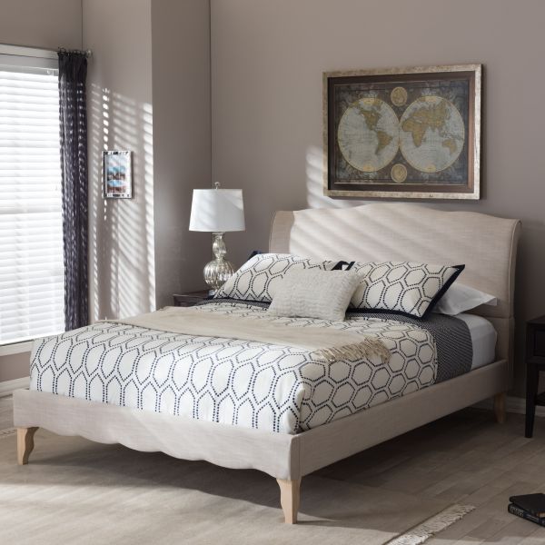 Fannie French Classic Modern Style Beige Linen Fabric Full Size Platform Bed