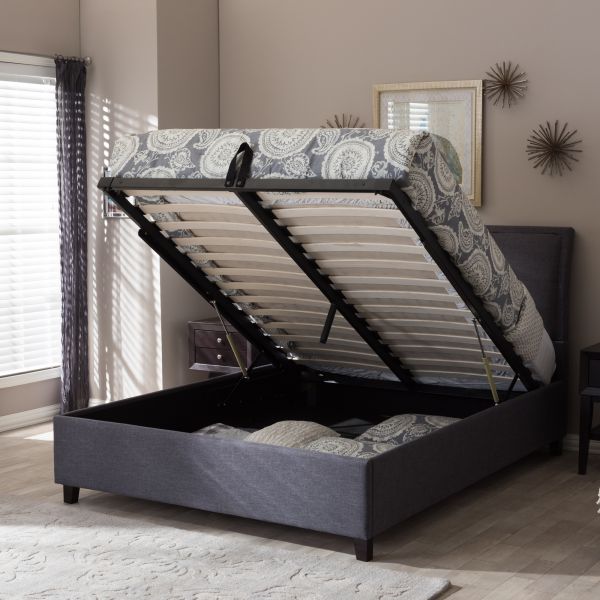 Lea Modern and Contemporary Dark Grey Fabric Queen Size Storage Platform Bed