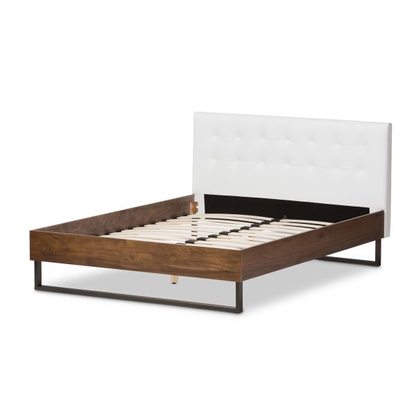 Mitchell Rustic Industrial Walnut Wood White Faux Leather Dark Bronze Metal Queen Size Platform Bed