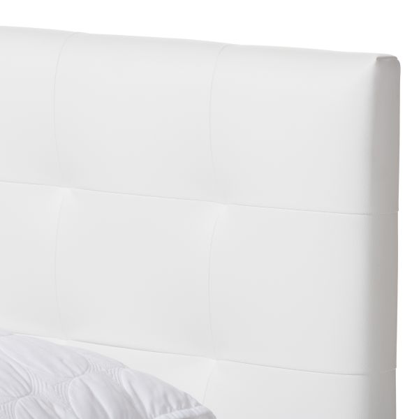 Mitchell Rustic Industrial Walnut Wood White Faux Leather Dark Bronze Metal Queen Size Platform Bed