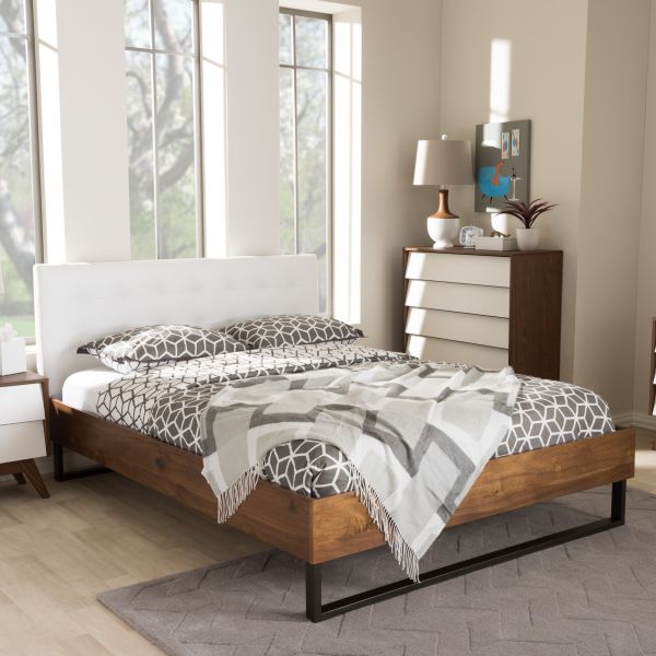 Mitchell Rustic Industrial Walnut Wood White Faux Leather Dark Bronze Metal Queen Size Platform Bed