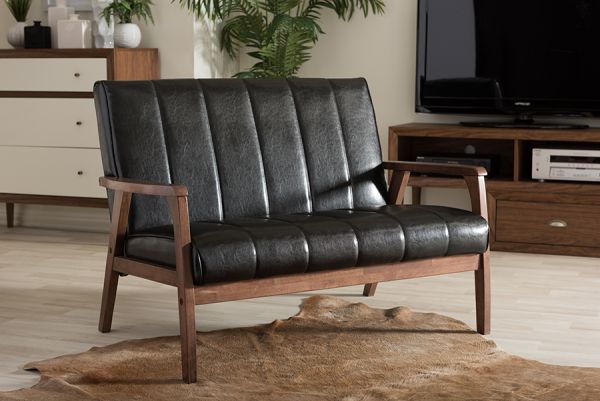 Nikko Mid-century Modern Scandinavian Style Black Faux Leather Wooden 2-Seater Loveseat
