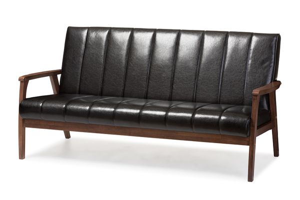 Nikko Mid-century Modern Scandinavian Style Black Faux Leather Wooden 3-Seater Sofa