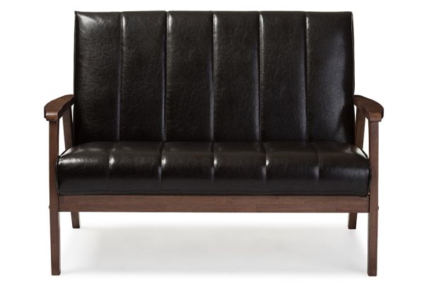 Nikko Mid-century Modern Scandinavian Style Dark Brown Faux Leather Wooden 2-Seater Loveseat