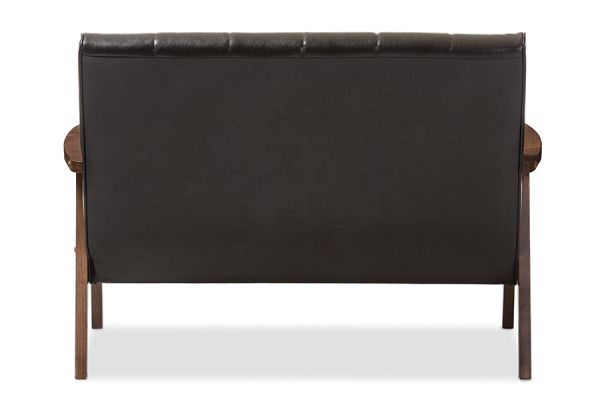 Nikko Mid-century Modern Scandinavian Style Dark Brown Faux Leather Wooden 2-Seater Loveseat