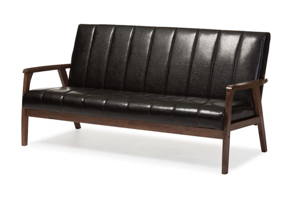 Nikko Mid-century Modern Scandinavian Style Dark Brown Faux Leather Wooden 3-Seater Sofa