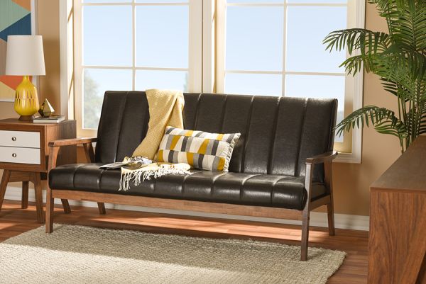 Nikko Mid-century Modern Scandinavian Style Dark Brown Faux Leather Wooden 3-Seater Sofa
