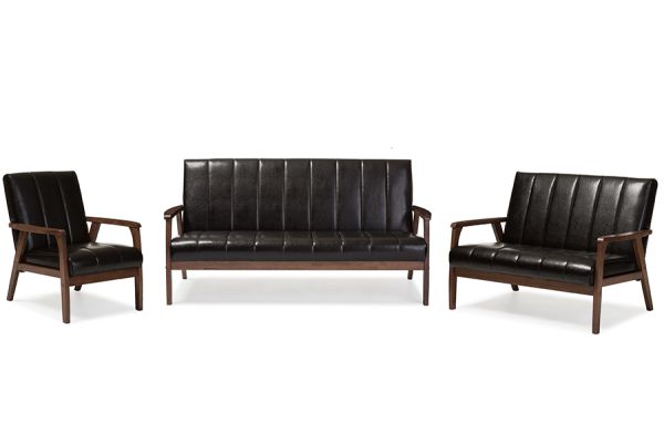 Nikko Mid-century Modern Scandinavian Style Dark Brown Faux Leather 3 Pieces Living Room Sets