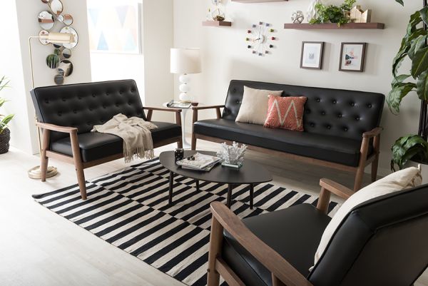Sorrento Mid-century Retro Modern Black Faux Leather Upholstered Wooden 3 Piece Living room Set