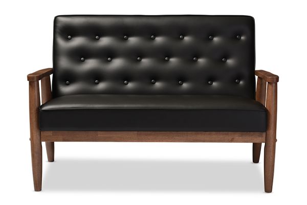 Sorrento Mid-century Retro Modern Black Faux Leather Upholstered Wooden 2-seater Loveseat