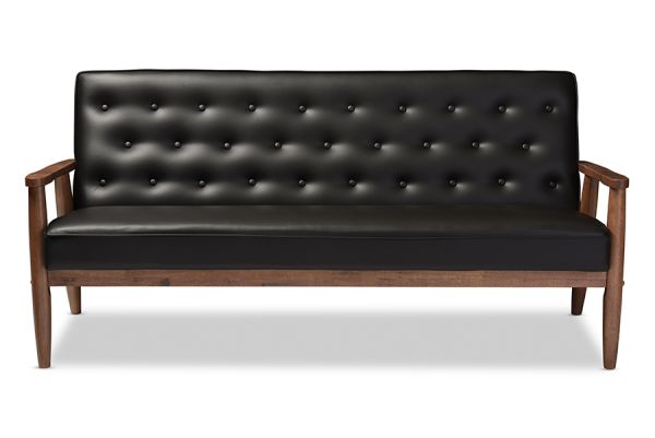 Sorrento Mid-century Retro Modern Black Faux Leather Upholstered Wooden 3-seater Sofa