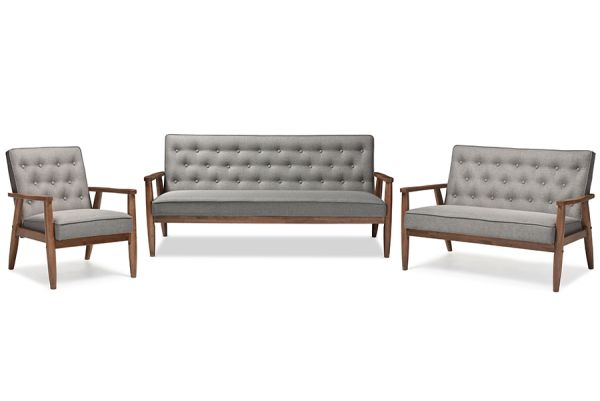 Sorrento Mid-century Retro Modern Grey Fabric Upholstered Wooden 3 Piece Living room Set