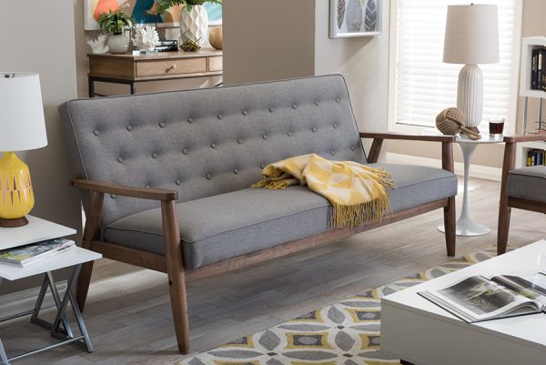 Sorrento Mid-century Retro Modern Grey Fabric Upholstered Wooden 3-seater Sofa