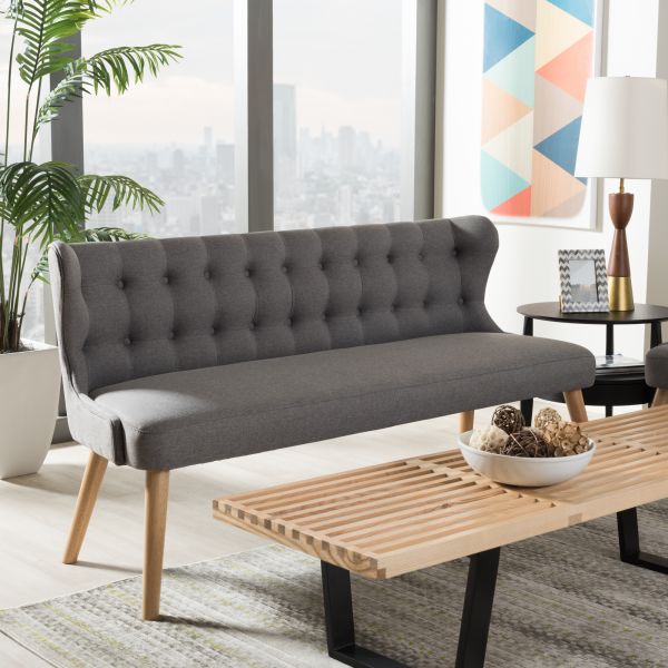 Melody Mid-Century Modern Grey Fabric and Natural Wood Finishing 3-Seater Settee Bench
