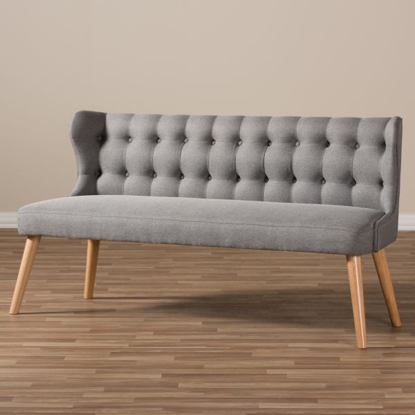 Melody Mid-Century Modern Grey Fabric and Natural Wood Finishing 3-Seater Settee Bench