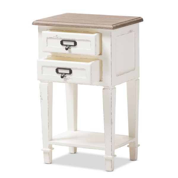 Dauphine Provincial Style Weathered Oak and White Wash Distressed Finish Wood Nightstand 