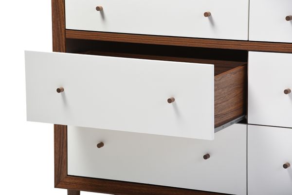 Harlow Mid-century Modern Scandinavian Style White and Walnut Wood 6-drawer Storage Dresser