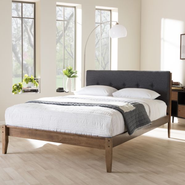 Leyton Mid-Century Modern Grey Fabric Upholstered King Size Platform Bed 