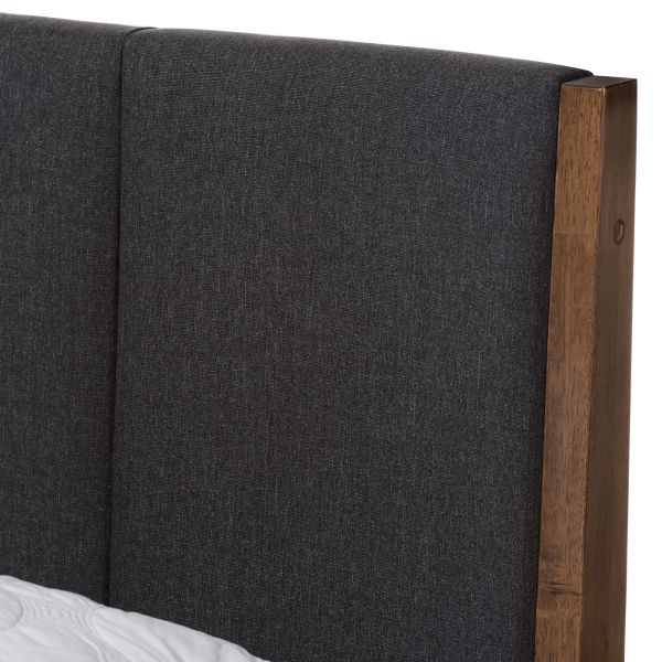 Ember Mid-Century Dark Grey Fabric and Medium Brown Finish Wood Queen Size Platform Bed
