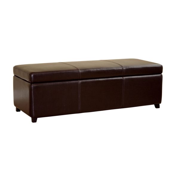 Dark Brown Faux Leather Storage Bench Ottoman with Stitching